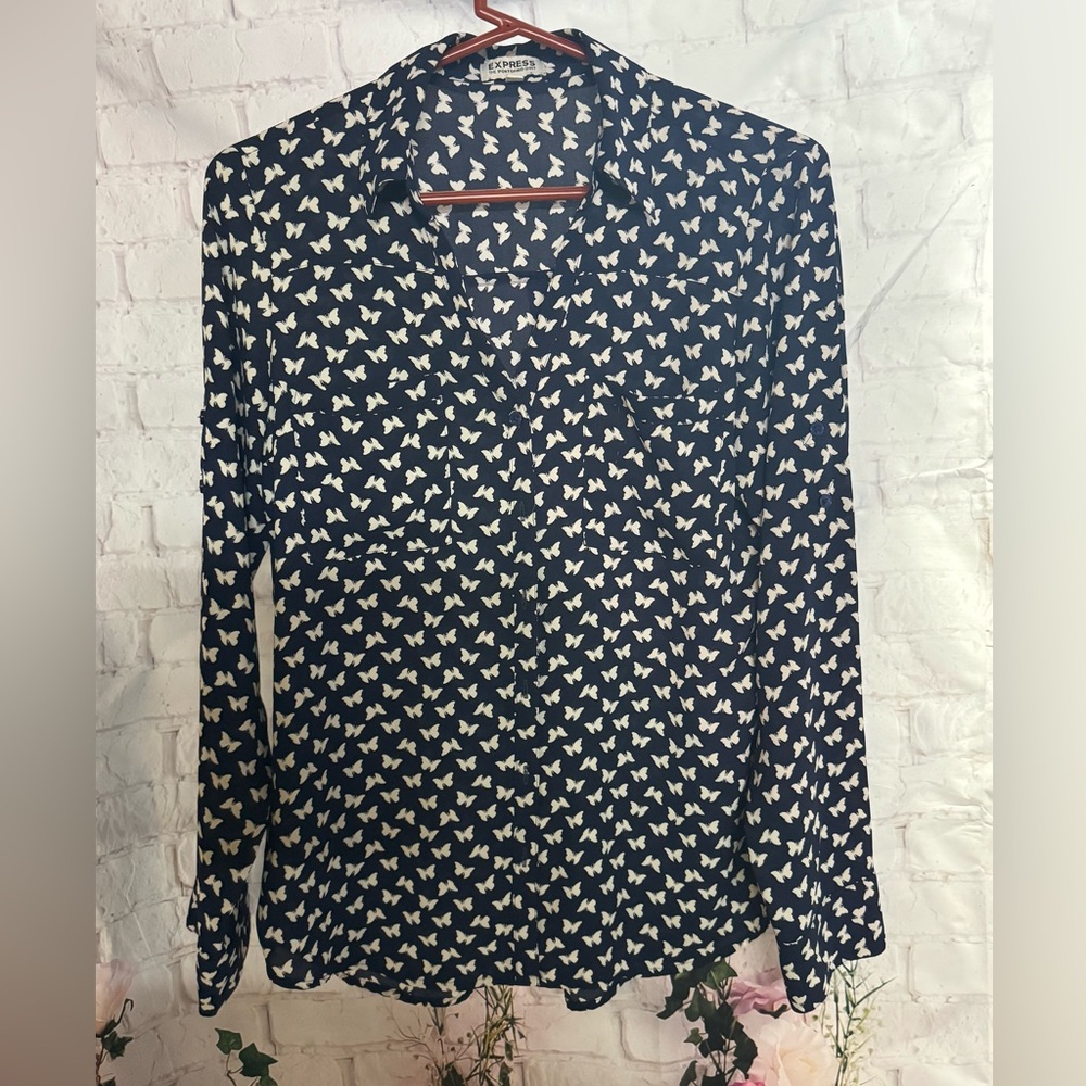 Express Navy and White Butterfly Shirt